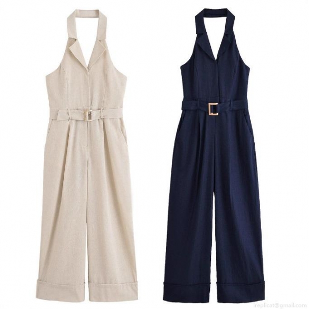 Women's Elegant Halter Neck Jumpsuit with Metal Buckle Belt Lapel Collar Sleeveless High Waist Wide Leg Long Pants Modern Office Business Chic One-Piece Outfit