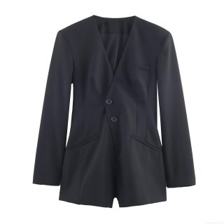 Women's Elegant Long Sleeve Blazer Style Romper Deep V Neck Two Buttons Cotton Blend Solid Black Short Jumpsuit For Spring Autumn Chic Office Lady One Piece Suit