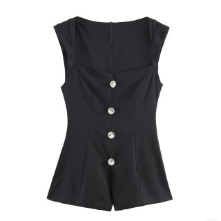 Women's Elegant Sleeveless Square Neck Short Jumpsuit Rhinestone Jewelry Buttons Slim Fit Cotton Blend One Piece Romper Summer Party Clubwear Black