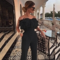 Women's Sexy Strapless Feather Trim Jumpsuit Backless Solid Color High Waist Wide Leg One-Piece Romper for Party Wedding Evening Elegant Commute Outfit