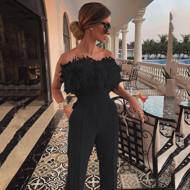 Women's Sexy Strapless Feather Trim Jumpsuit Backless Solid Color High Waist Wide Leg One-Piece Romper for Party Wedding Evening Elegant Commute Outfit