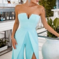 Women Sexy Strapless Deep V Neck Wide Leg Jumpsuit Elegant High Slit High Waist Cotton Blend Romper With Pockets For Party Evening Summer Vacation