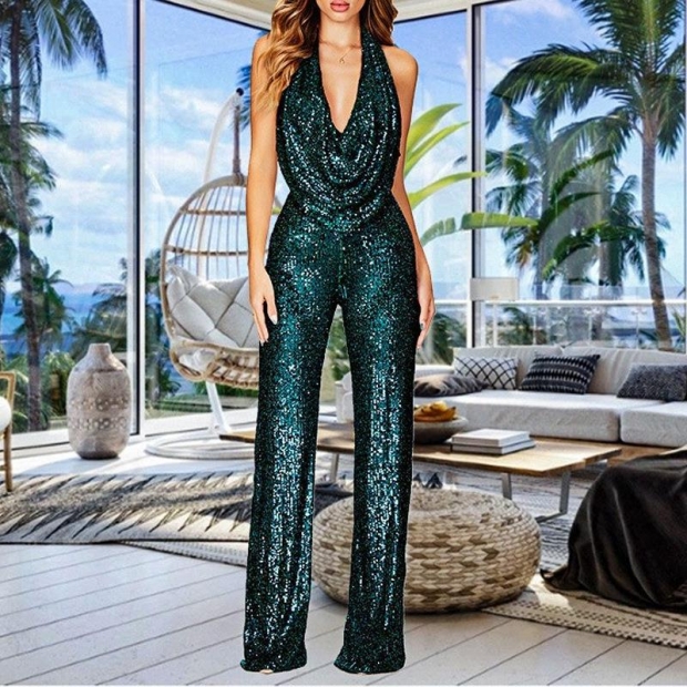 Women Halter Deep V Sequin Jumpsuit Sleeveless Backless Wide Leg Long Pants Elegant Sexy Party Evening Romper Jumpsuits