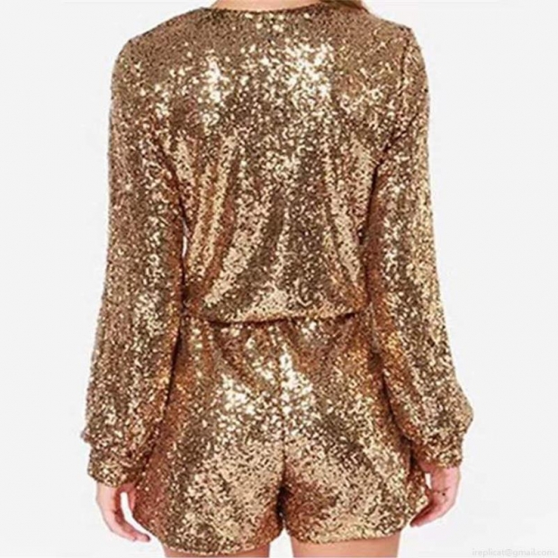 Women's Sexy Deep V-Neck Sequin Romper Long Sleeve Bodycon Jumpsuit Sparkling Sequin Party Clubwear Evening Short Jumpsuit For Women
