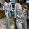 Women Sexy Deep V-Neck Sequin Jumpsuit Sparkly Flare Sleeve Backless Wide Leg Romper For Evening Party Clubwear Glamorous One Piece Outfit