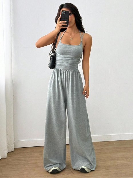 Women Sexy Backless Spaghetti Strap Jumpsuit Casual High Waist Wide Leg Long Pants Solid Color Loose Romper Streetwear One Piece Outfit