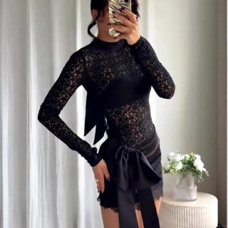 Elegant Women Sexy Lace Bodysuit Top Mock Neck Long Sleeve Back Satin Bow Tie Jumpsuit Floral Textured Party Clubwear Body Suit
