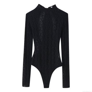 Women Sexy Black Lace Bodysuit Long Sleeve Stand Collar Satin Bow Tie Back Bodysuit Elegant Slim Fit Bodysuit With 3 Snaps Crotch Jumpsuit Top Party Clubwear