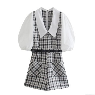 Women Vintage Plaid Romper Long Puff Sleeve Peter Pan Collar Jumpsuit With Belt Tweed Patchwork One Piece Short Pant Set Elegant Fashion Streetwear