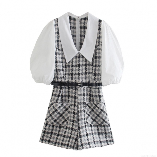 Women Vintage Plaid Romper Long Puff Sleeve Peter Pan Collar Jumpsuit With Belt Tweed Patchwork One Piece Short Pant Set Elegant Fashion Streetwear