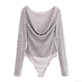 Women's Sexy Silver Sequined Bodysuit Long Sleeve Pleated Metallic Sparkly Body Suit Jumpsuit For Party Nightclub Streetwear Fashion Top