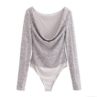 Women's Sexy Silver Sequined Bodysuit Long Sleeve Pleated Metallic Sparkly Body Suit Jumpsuit For Party Nightclub Streetwear Fashion Top