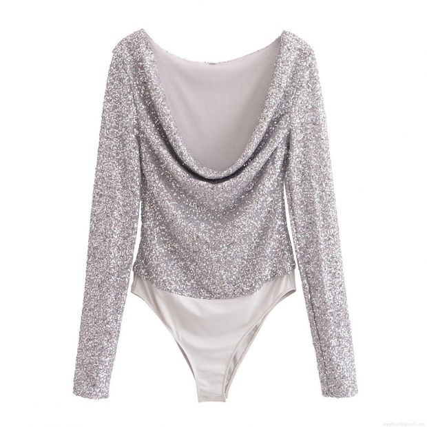 Women's Sexy Silver Sequined Bodysuit Long Sleeve Pleated Metallic Sparkly Body Suit Jumpsuit For Party Nightclub Streetwear Fashion Top