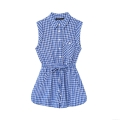 Women Gingham Check Sleeveless Romper Lapel Neck Single Breasted Jumpsuit With Drawstring Waist Summer Casual Shorts Playsuit Outfits