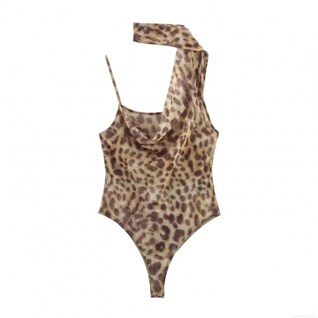 Women Sexy Leopard Print Mesh Bodysuit Halter One Shoulder Sleeveless Slim Fit Jumpsuit For Summer Club Party Streetwear Slimming Romper