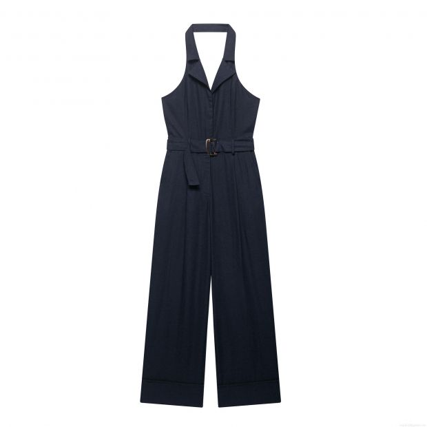 Women's Halter Neck V-Neck Backless Jumpsuit With Belt Elegant Wide Leg Office Street Chic Summer Navy Blue Polyester Jumpsuit