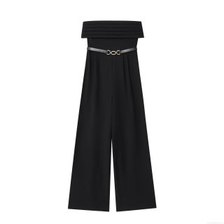 Women's Strapless Tube Top Wide Leg Jumpsuit With Belt Elegant Black Solid Polyester Romper For Evening Party Clubwear Streetwear