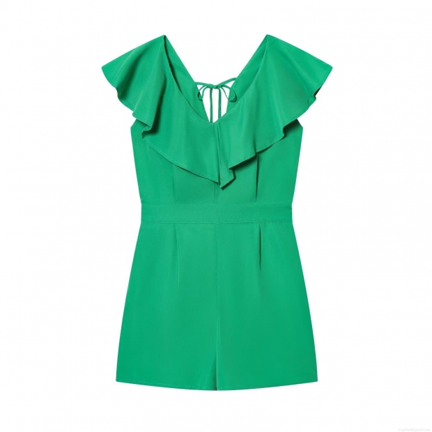 Women's Chic Green Ruffled V-Neck Romper 100% Polyester Sleeveless Jumpsuit With Back Tie And Elastic Waist Summer Fashion Short One-Piece For Women