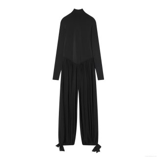 Women's Solid Black High Neck Long Sleeve Jumpsuit Loose Fit High Waist Pleated One Piece Romper With Thumbholes Bow Tie Ankle For Casual Winter