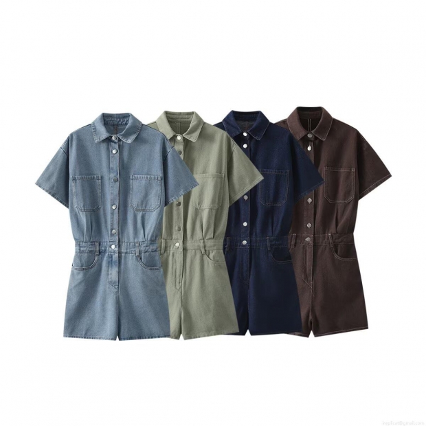 Women's Summer Fashion Casual Denim Romper Loose Lapel Short Sleeve Jumpsuit Solid Color Single Breasted Playsuit With Pockets And Belt For Women Daily Vacation