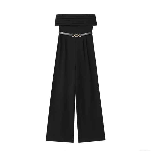 Women's Sexy Strapless Jumpsuit With Belt Black Polyester Twill High Waist Wide Leg Long Pants Elegant Party Evening Clubwear One Piece Romper