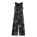 Women's Vintage Elegant Sleeveless Black Jumpsuit With Gold Floral Embroidery Button Front Wide Leg Long Pant Cotton Blend Romper