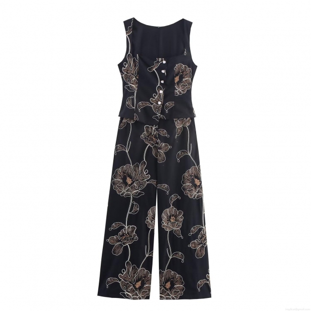 Women's Vintage Elegant Sleeveless Black Jumpsuit With Gold Floral Embroidery Button Front Wide Leg Long Pant Cotton Blend Romper