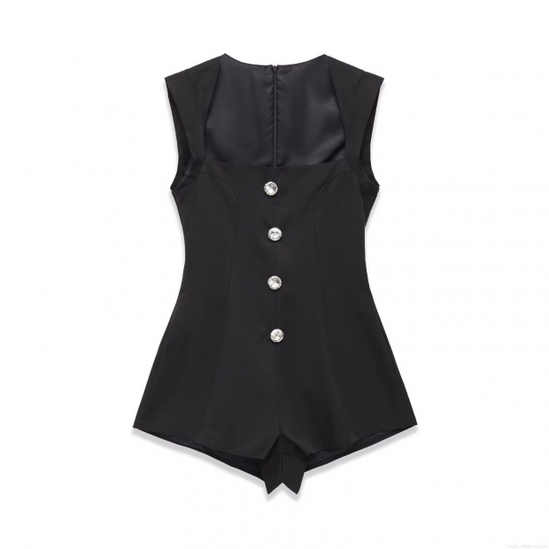 Elegant Women's Square Neck Sleeveless Romper Cotton Blend Jumpsuit With Rhinestone Buttons Sexy Clubwear Slim Fit Short Pants For Summer Party