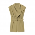 Women Cargo Sleeveless Jumpsuit Polyester Spandex Notched Lapel Belted Romper Military Style One Piece Short Jumpsuit For Daily Casual Wear