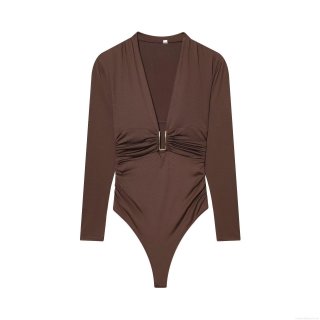 Women's Sexy Deep V-Neck Ruched Long Sleeve Bodysuit With Gold Metal Buckle Coffee Nylon Spandex Slim Fit Thong Bodysuit For Party Clubwear