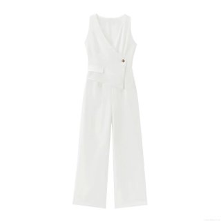 Elegant Women V-Neck Sleeveless Jumpsuit Asymmetrical Design High Waist Wide Leg Long Pant Polyester Blend One Piece Bodysuit for Party Evening Clubwear