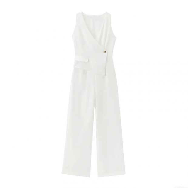 Elegant Women V-Neck Sleeveless Jumpsuit Asymmetrical Design High Waist Wide Leg Long Pant Polyester Blend One Piece Bodysuit for Party Evening Clubwear