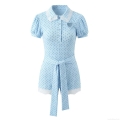 Women's Sweet Light Blue Polka Dot Romper Cotton Polyester Lace Heart Cutout Puff Sleeve Short Jumpsuit Summer Fashion One Piece Outfit