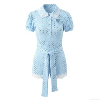 Women's Sweet Light Blue Polka Dot Romper Cotton Polyester Lace Heart Cutout Puff Sleeve Short Jumpsuit Summer Fashion One Piece Outfit