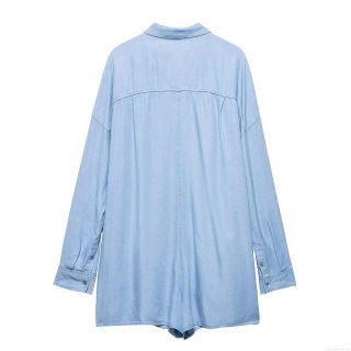 Women's Light Blue Denim Romper Jumpsuit Cotton Blend Long Sleeve Button Up Short Playsuit With Pocket Turn Down Collar Casual Elegant Lady Outfit