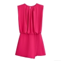 Women's Sleeveless Round Neck Pleated Romper Short Jumpsuit Solid Rose Red Elegant Summer Casual One-Piece Fashion Outfit For Women