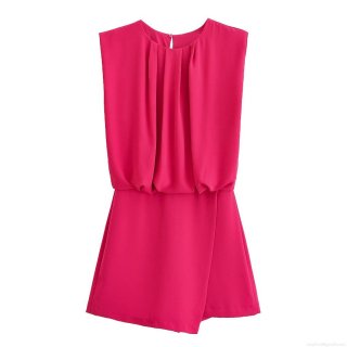 Women's Sleeveless Round Neck Pleated Romper Short Jumpsuit Solid Rose Red Elegant Summer Casual One-Piece Fashion Outfit For Women