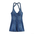 Women Halter Neck Denim Jumpsuit Cotton Blend Back Tie V Neck Sleeveless Short Romper Contrast Stitching Summer Casual Vacation Party Lady Playsuit