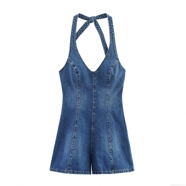 Women Halter Neck Denim Jumpsuit Cotton Blend Back Tie V Neck Sleeveless Short Romper Contrast Stitching Summer Casual Vacation Party Lady Playsuit
