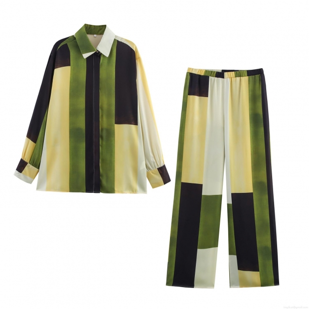 Women's Satin Pajama Set Geometric Print Long Sleeve Button Down Shirt And Wide Leg Pants 2 Piece Casual Loungewear Suit