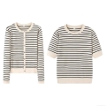 Women's Western Style Striped Knitted Cardigan And Short Sleeve Top Two Piece Casual Streetwear Set Round Neck Button Up Knitwear