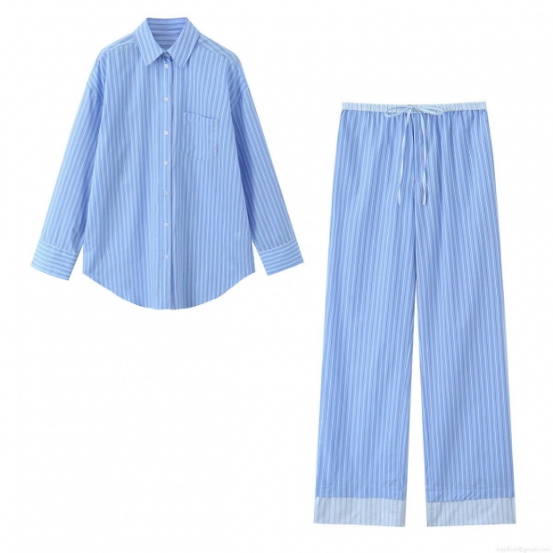 Women's Fashion Stripe Poplin Two Piece Outfits Button Down Long Sleeve Shirt and Drawstring Wide Leg Pants Loose Loungewear Set