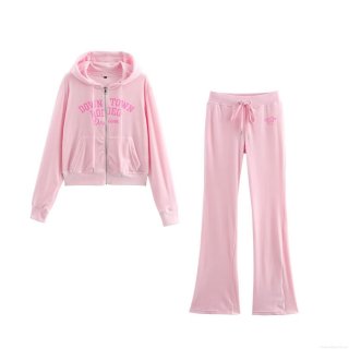 Women's Fashion Pink Velour Tracksuit Set Hooded Zip-up Velvet Hoodie and Drawstring Flare Pants 2 Piece Lounge Set With Downtown Rodeo Print For Spring Autumn Casual Wear