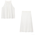 Summer Women Halter Neck Sleeveless Tie Top And High Waist Midi Skirt Two Piece Set Plain White Polyester Cotton Linen Blend Casual Outfits