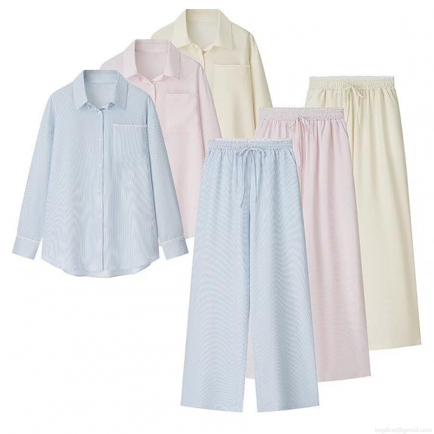 Women's Striped Lace Trim Loungewear Set Polyester Long Sleeve Button Down Shirt And Elastic Waist Wide Leg Casual Pants Street Fashion Two Piece Set