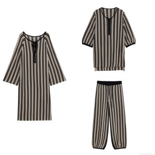 Women's Striped Knit Casual Loungewear Set Long Sleeve Henley Top Wide Leg Pants And V Neck Tie Midi Dress Soft Autumn Three Piece Co-ords Outfits