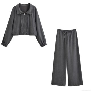 Women's 2-Piece Lounge Set 100% Polyester Zip Up Cropped Jacket and Wide Leg Drawstring Pants Casual Streetwear Autumn Solid Color Leisure Outfit