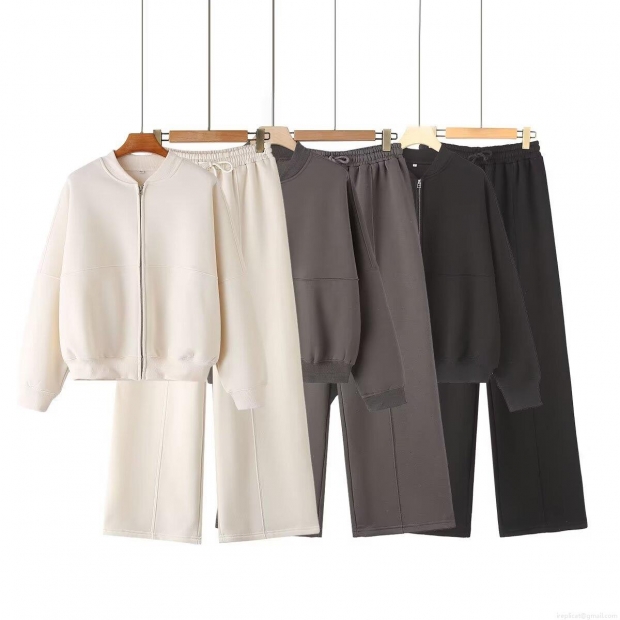 Women's Casual 2 Piece Fleece Tracksuit Set Zipper Stand Collar Bomber Jacket And Wide Leg Sweatpants Soft Knitted Lounge Sport Streetwear Outfit