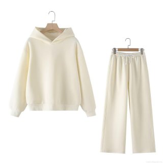 Women's Casual Cotton Blend 2 Piece Lounge Set Hooded Oversized Sweatshirt and Wide Leg Sweatpants Tracksuit Solid Color Loose Fit Matching Set for Autumn Winter