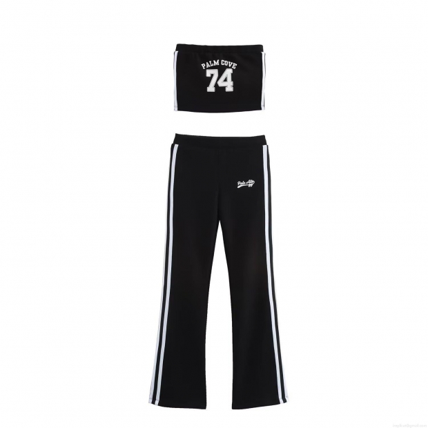 Women Sporty Casual Set Polyester Cotton Letter Print Tube Top Flare Pants Zipper Jacket Streetwear Outdoor Activewear Spring Autumn Slim Fit Two Piece Outfit